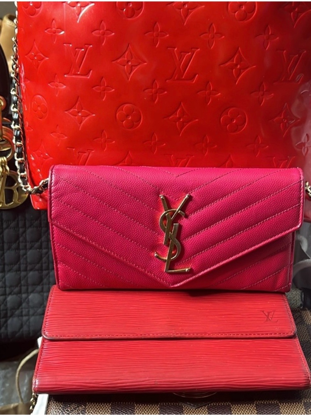Saint Laurent Fuchsia Quilted Monogram Wallet-on-Chain